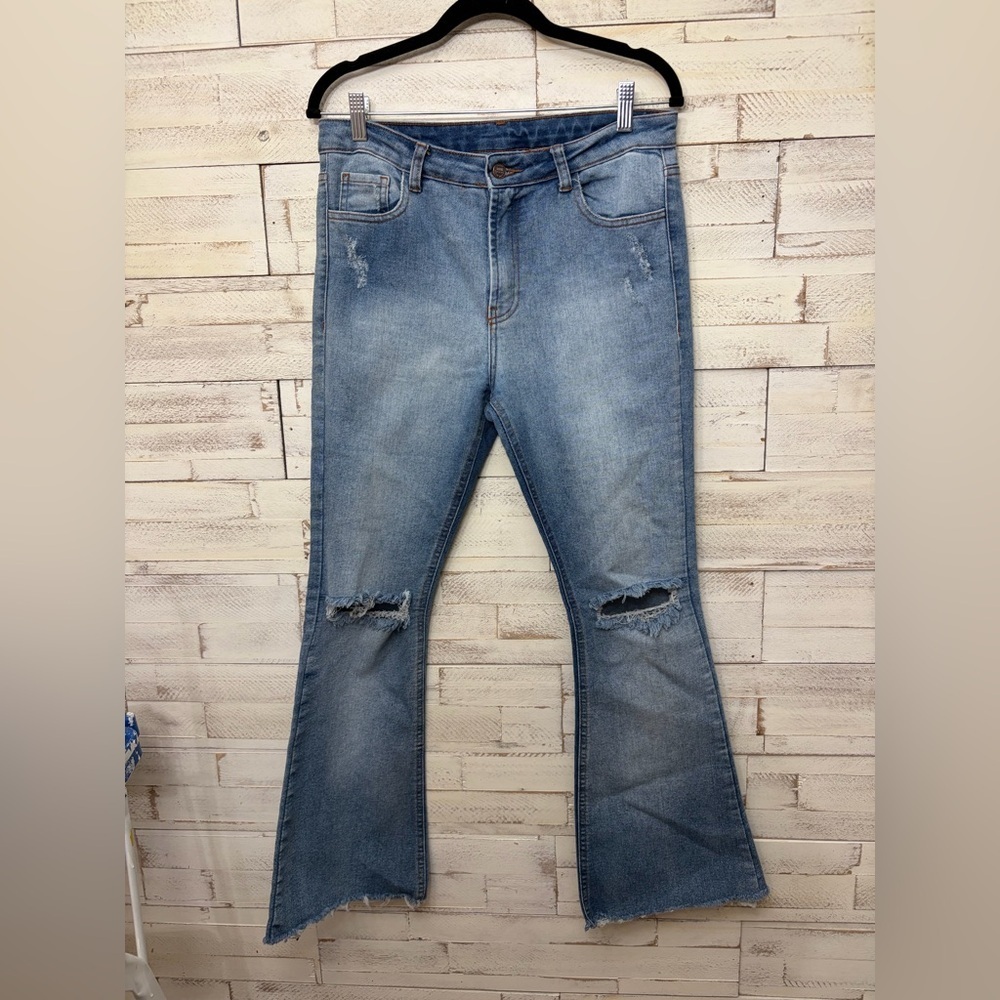Distressed ripped bell bottom flare jeans medium wash‎ womens 42 US size 26
